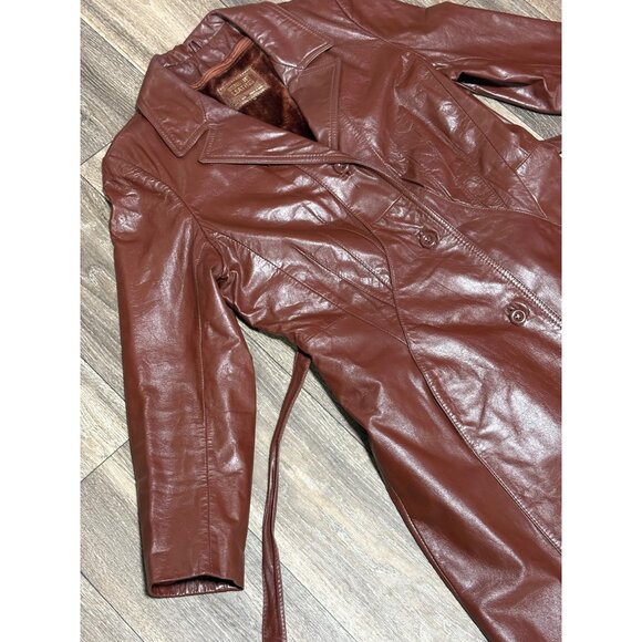 VINTAGE MAXI LEATHER JACKET BEALTED TRENCH COAT BROWN WOMENS SIZE 12 - Picture 9 of 14